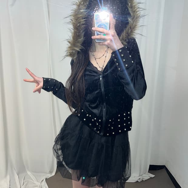 갸루st 울프죠 벨벳 후드집업 