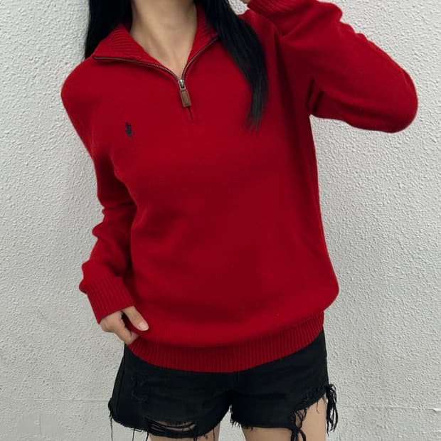 폴로 랄프로렌 네이비포니 레드 반집업 니트 M
