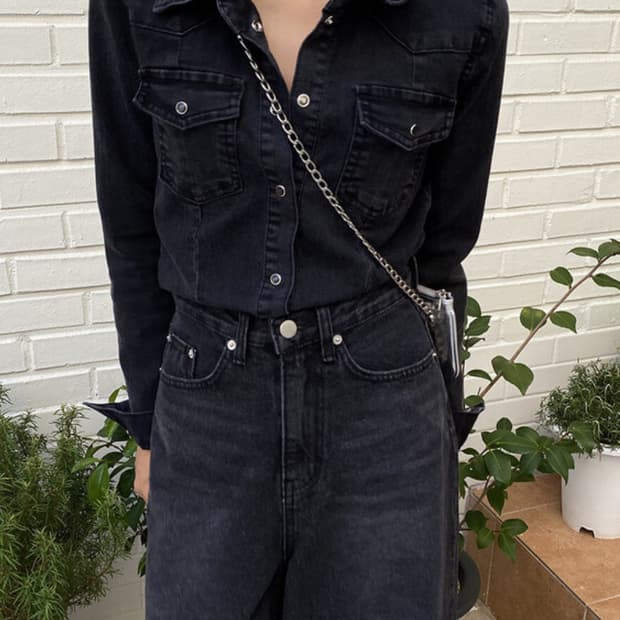 리언스 슬림 라인 데님 셔츠 흑청 m