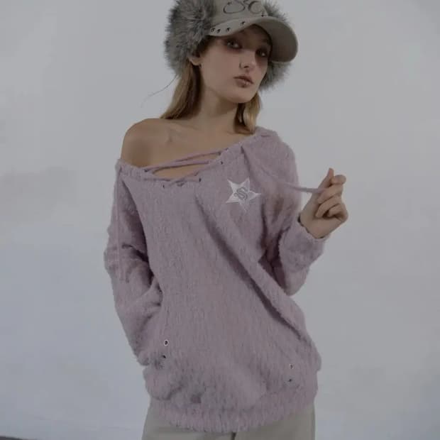 셋업이엑스이 헤어리 브이넥 니트 후드 라일락 후드티