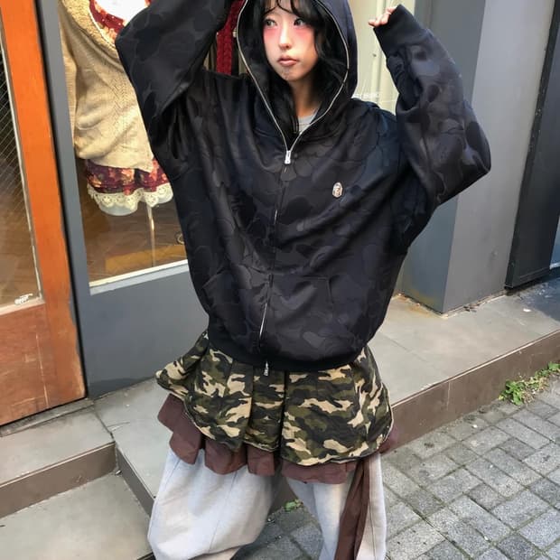 Bape Black Camouflage Two way Hood Zip