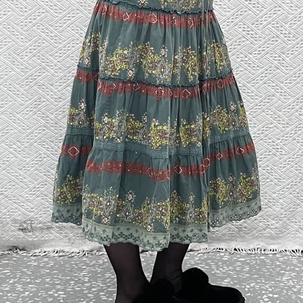 빈티지 모리 코지걸 보헤미안 패턴 미디 롱스커트 33인치 C10439