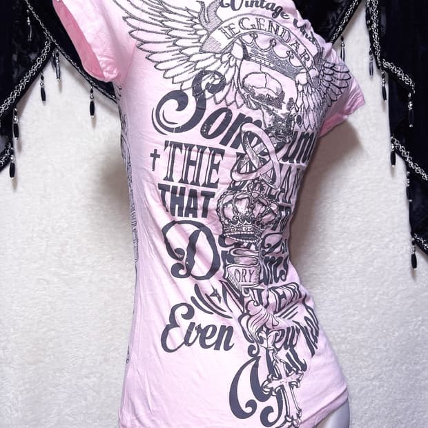 글리츠 glitz y2k 펑크 갸루 날개 윙 해골 레터링 프린팅반팔 핀터