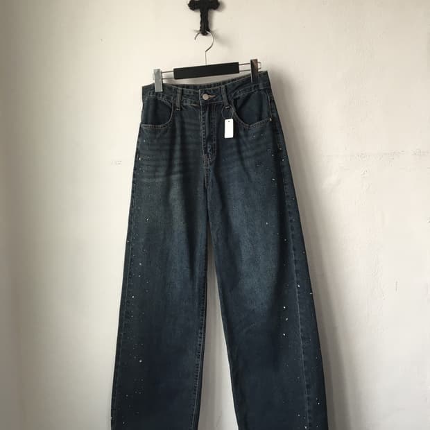 Cubic point wide denim pants