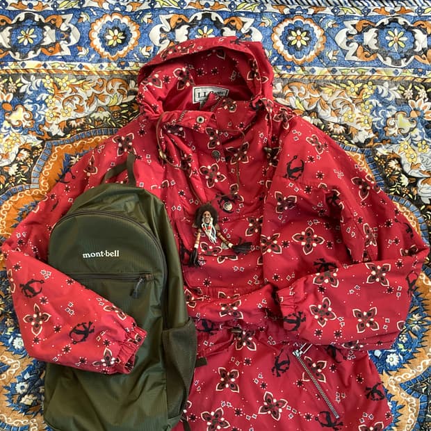 올드 빈티지 LLBean 페이즐리 패턴 레드 웜업 메탈 버튼 아노락 자켓