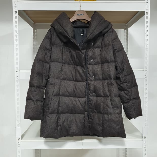 빈티지 모직 카울넥 후드 구스다운 하프 패딩