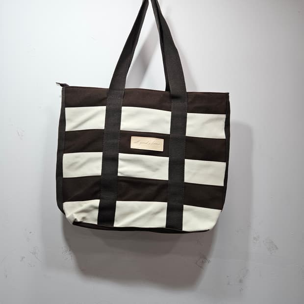 베이지/브라운 스트라이프 캔버스 토드백(에코백)