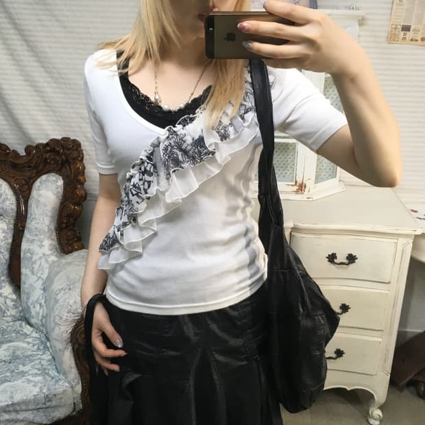 일본빈티지 아카이브 레이스 러플 반팔