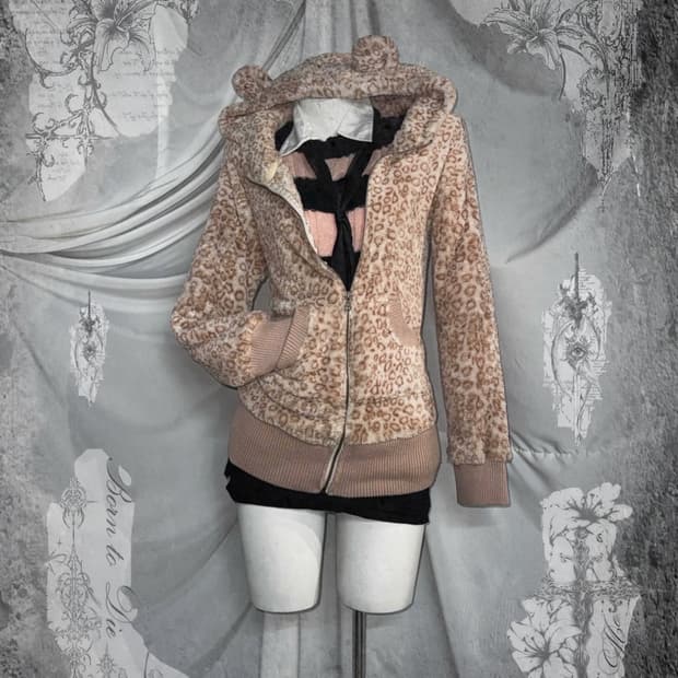 뮤트핑크 레오파드 곰돌이 갸루 데미지 스트라이프 니트 코디세트 