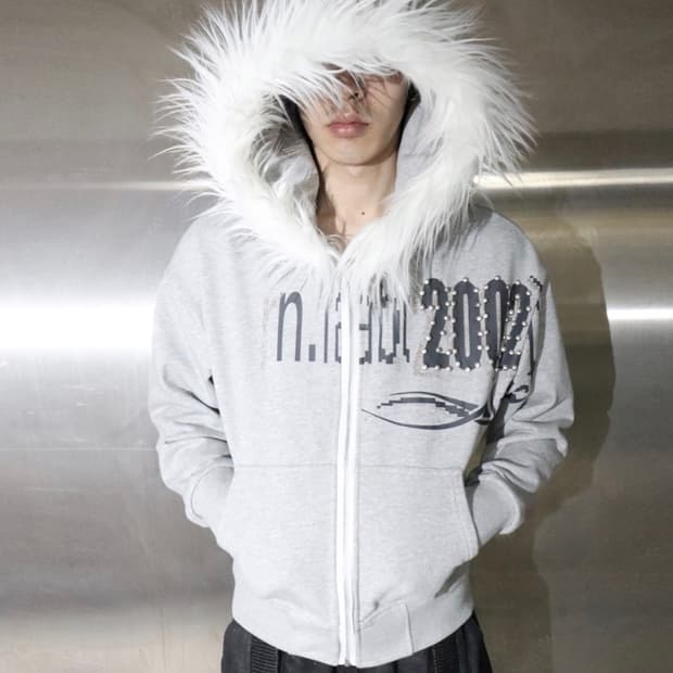 비엑세스 퍼 후드집업 그레이