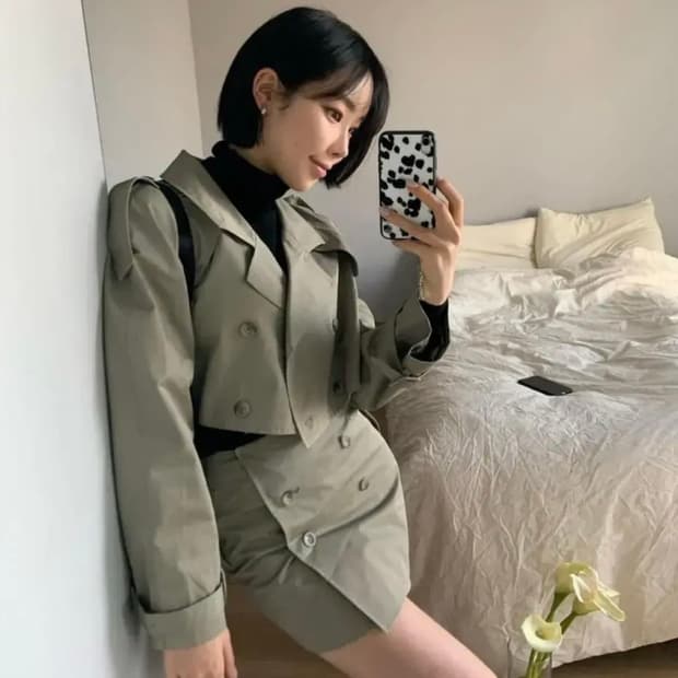 셋업) 스푸닝 REWORK 크롭트렌치 셋업 카키 s/m