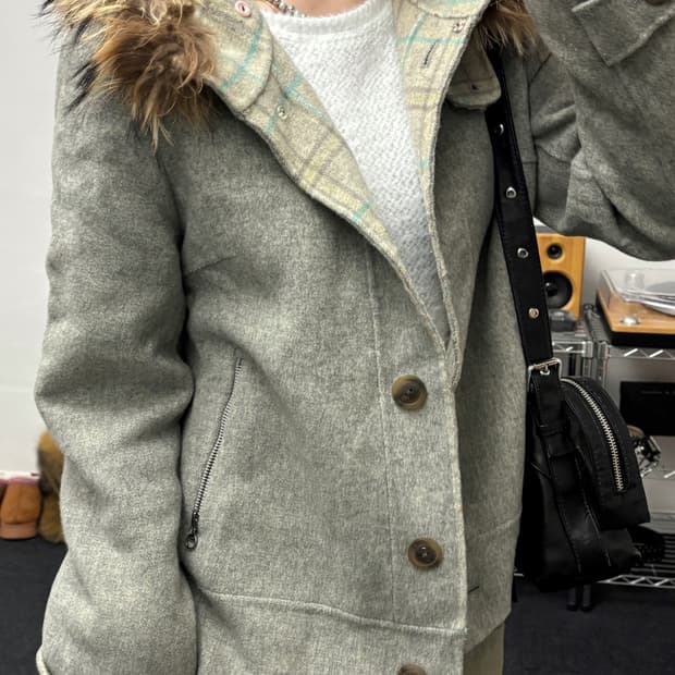 올드 빈티지 퍼 후드 울 자켓
