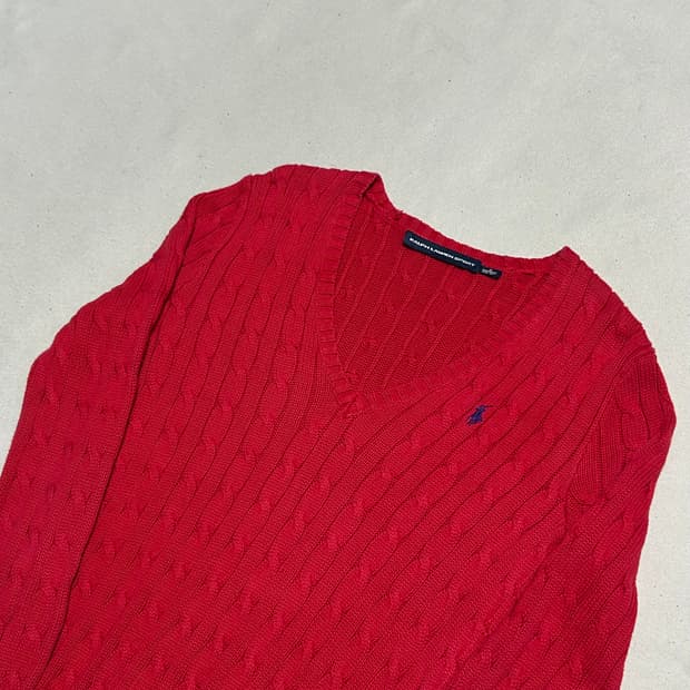M 폴로랄프로렌 스포츠 여성용 레드 케이블 브이넥 니트