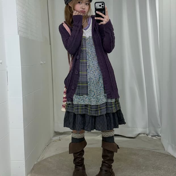 포도 하구미 패치워크 원피스 가디건 코디세트