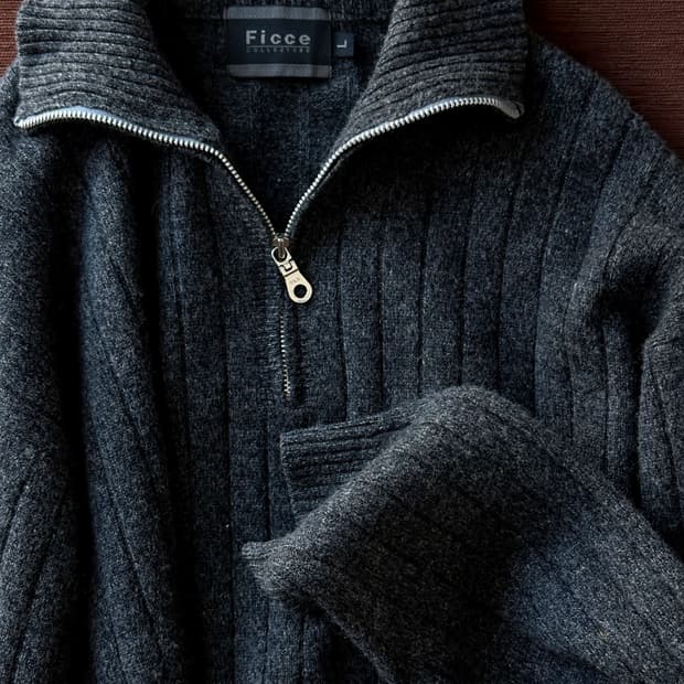 Wide rib wool zip design knit P/O