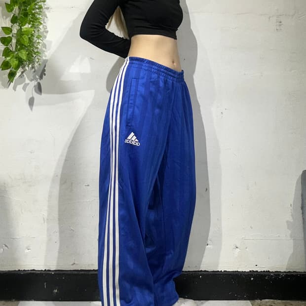 90s 아디다스 블루 와이드 화이트 삼선 트레이닝 추리닝 바지 L