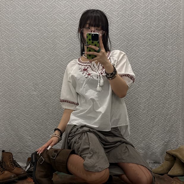 빈티지 산토리니 오리엔탈 에스닉 히피 리본 반팔 블라우스 K0033