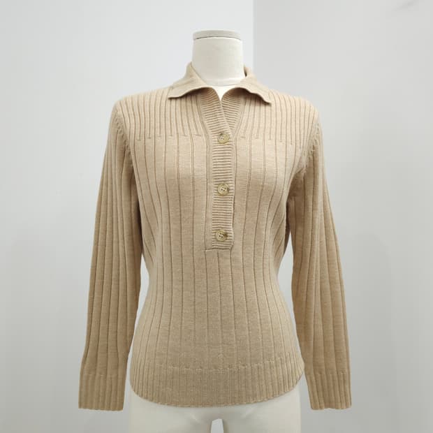 울 100  베이지 골지 카라 니트