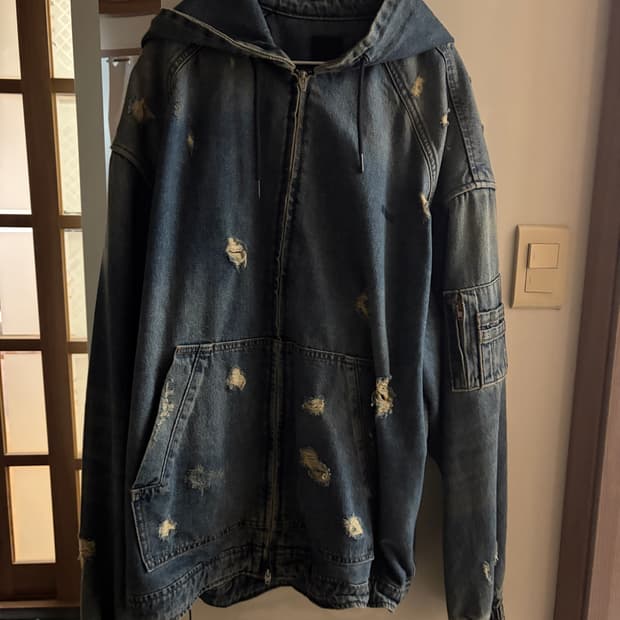 준지 24ss 디스트레스 데님 후드 ma-1 자켓 xxl