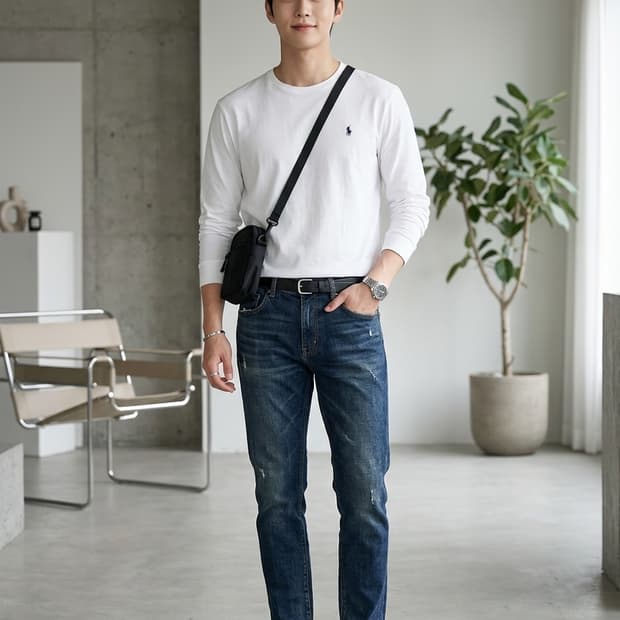 폴로 랄프로렌 커스텀 슬림핏 화이트 긴팔 티셔츠