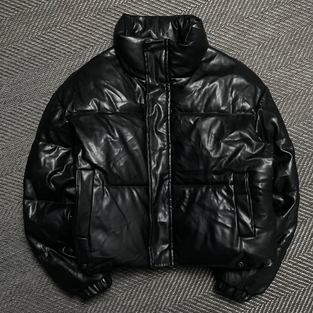 빈티지 우먼스 블랙 비건 레더 패딩 점퍼o 5283