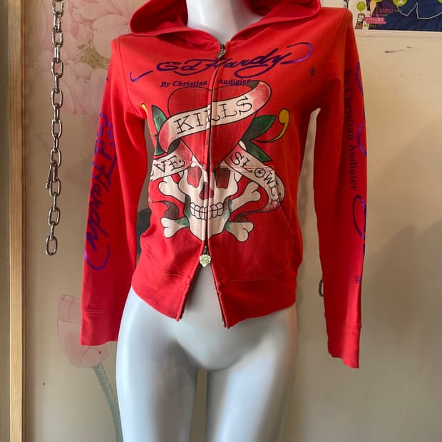 ed hardy 에드하디 스컬 레터링 큐빅 레드 후드 집업 y2k 펑크