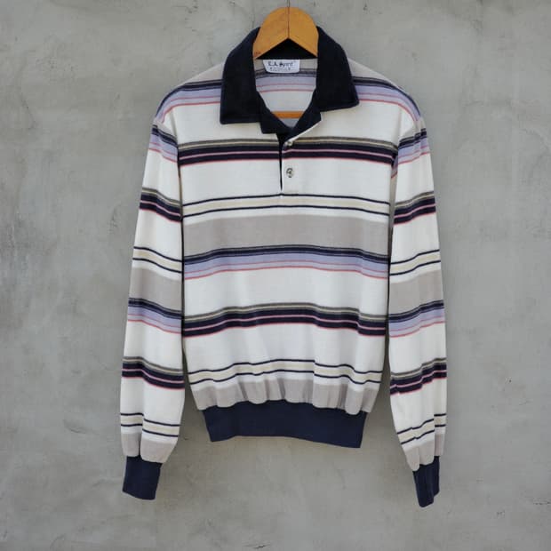 80‘s Velour 스트라이프 오픈카라 폴로셔츠