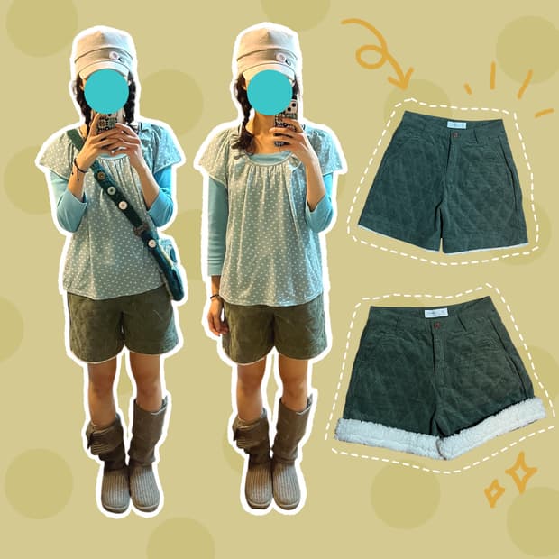 빈티지 퍼 트리밍 퀼팅 카키 하프팬츠