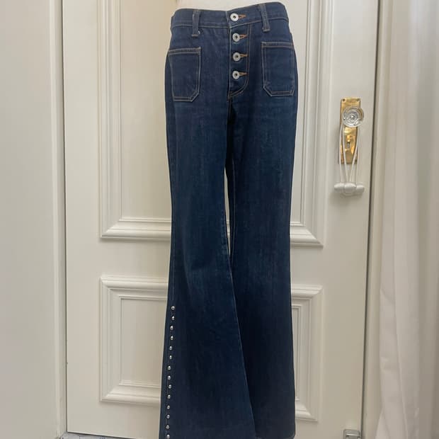 blue denim pocket high-waist pants