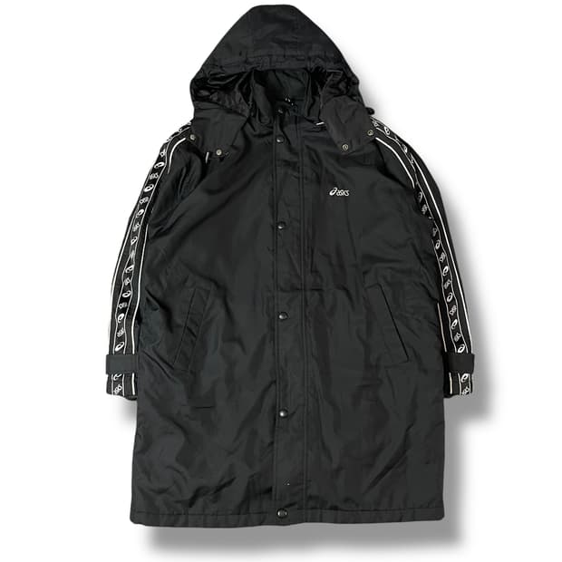 아식스 사이드 풀로고 블랙 후드 롱 바람막이패딩 105