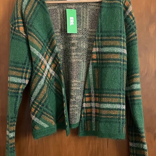 ERL 이알엘 체크 패턴 니트 가디건 그린
