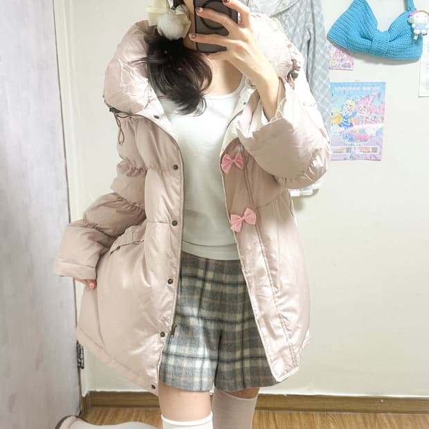 빈티지 핑크 리본 패딩 히메갸루 로걀 라떼 짜잔씨 히메카지 헤이세이