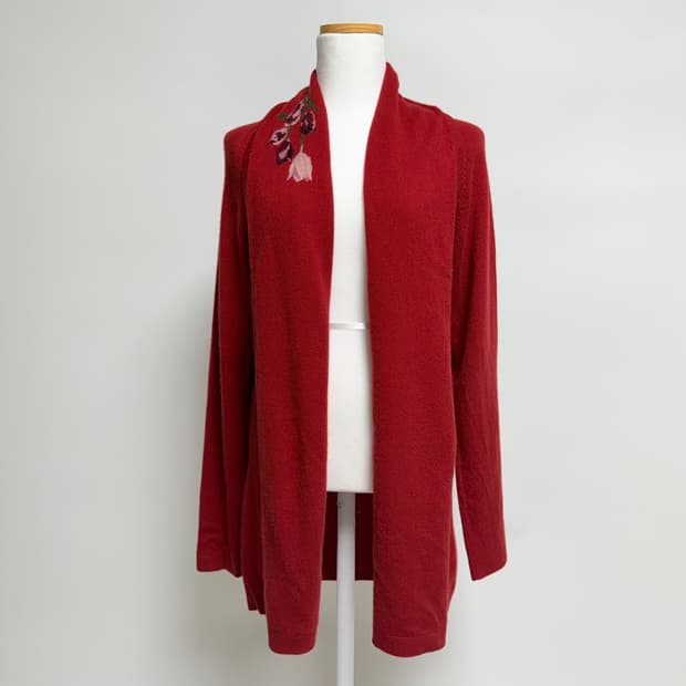 [캐시미어 100%] 플라워 자수 레드 롱 가디건 42