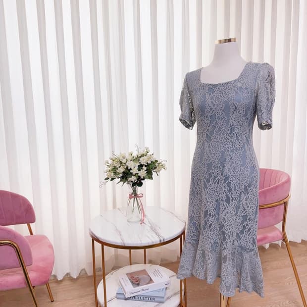 스퀘어넥 머메이드 어깨퍼프 레이스 원피스