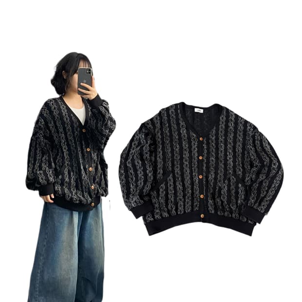 JPN 제팬 쿠지맛 오버핏 케이블 니트 가디건 블랙