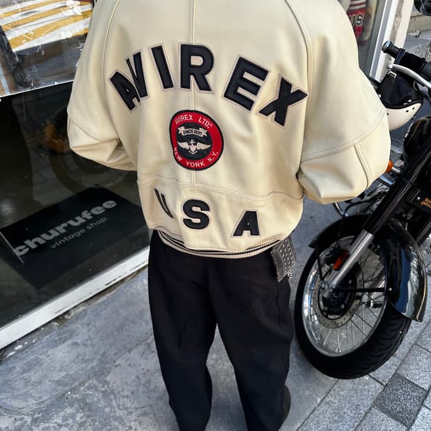 90’s AVIREX Leather Varsity Jacket ivory