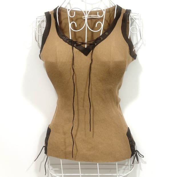 y2k eyelet lace-up brown sleeveless