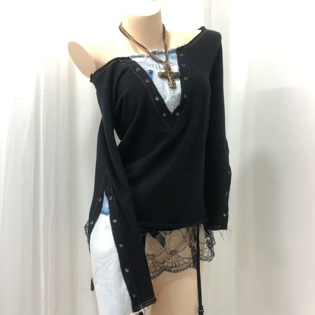 navy denim patch eyelet off shoulder top