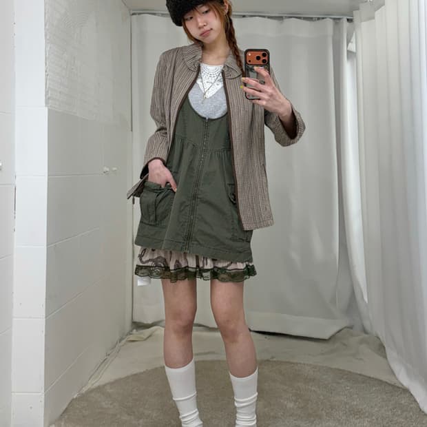 빈티지 카키 브라운 시골 소녀의 작업실 모리 코디 세트