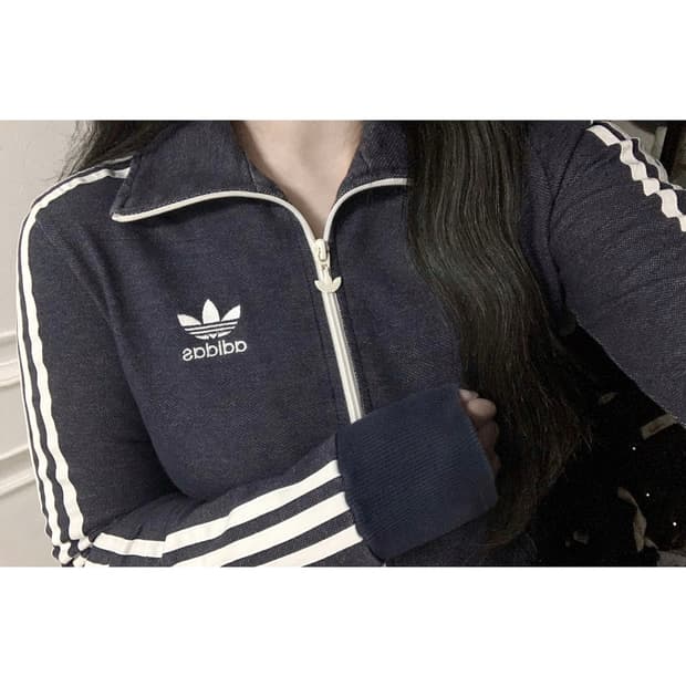 아디다스 데님 파이어버드 빅로고 져지 집업 트랙탑