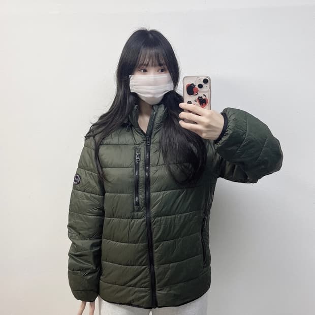 아베크롬비와펜 패치 퀄팅 경량 후드 패딩 카키