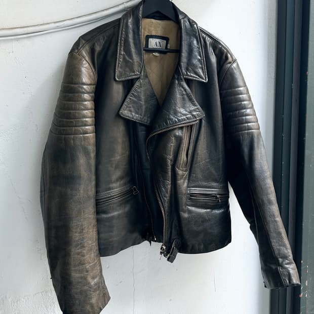 *RARE* 90's 아르마니 에이징 레더 더블 라이더 자켓