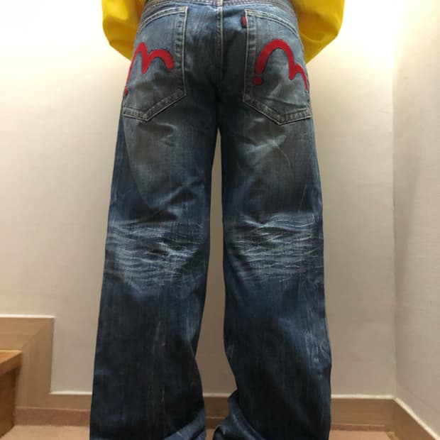 빈티지 에비수 레드 패치 데님 팬츠