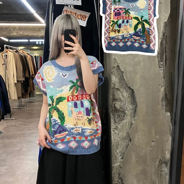 빈티지 뜨개 반팔 니트 블루  #csz3453