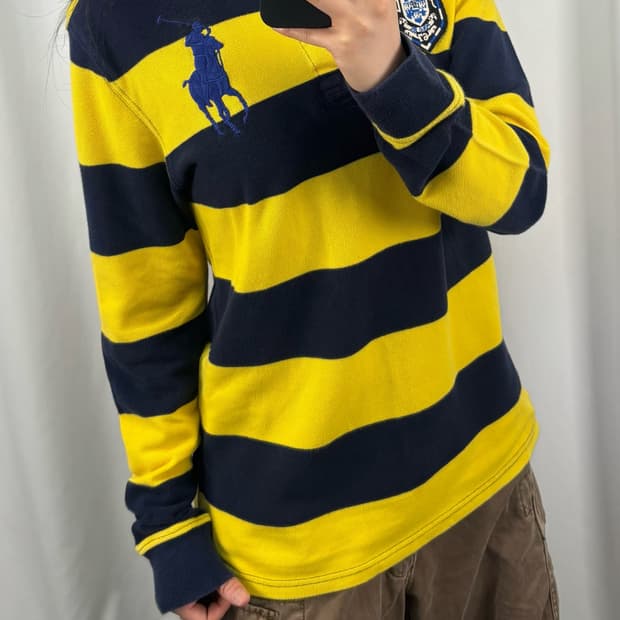 폴로 옐로우 네이비 스트라이프 꿀벌 럭비티