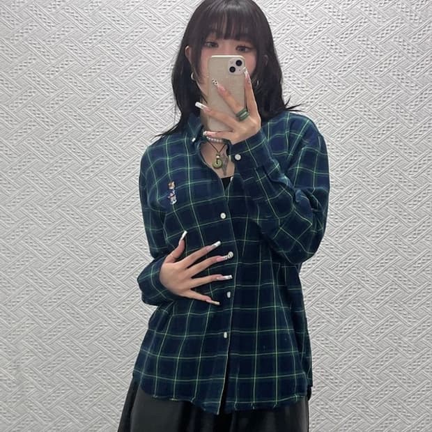 예일 빈티지 키치 베어자수 컨트리 딥그린 체크 셔츠 L C11264