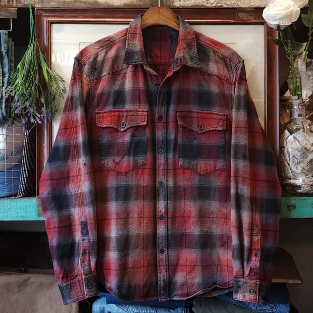 90s 빈티지 체크셔츠 헤비 플란넬 워크셔츠 썬페이딩 레드 웨스턴 L