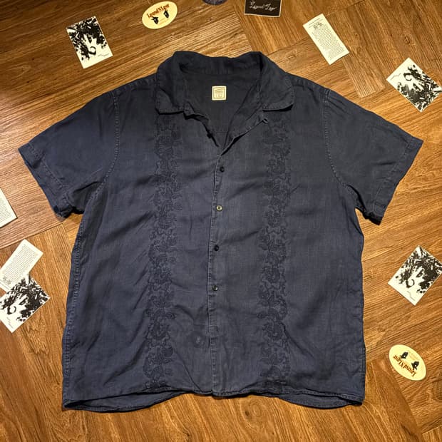 Japanese Deep Blue linen guayabera shirt