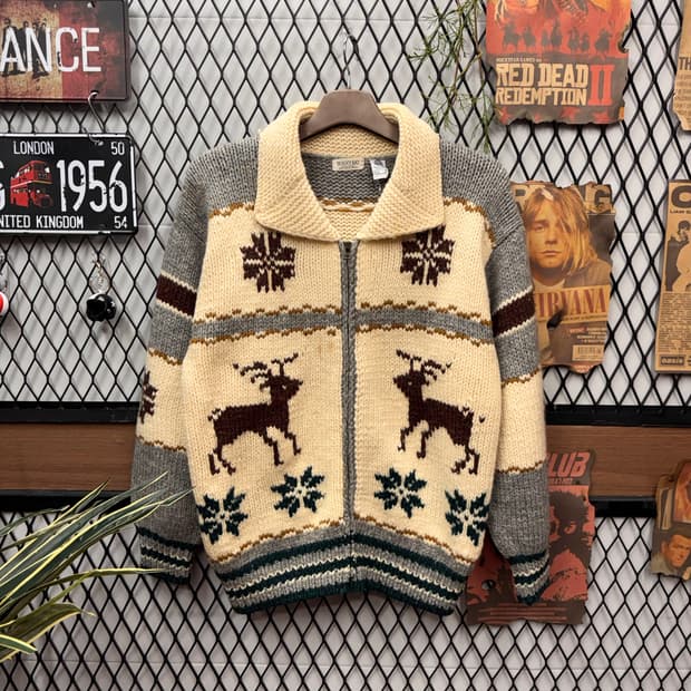 00s JPN VINTAGE 사슴 코위찬 니트 집업 자켓 아이보리