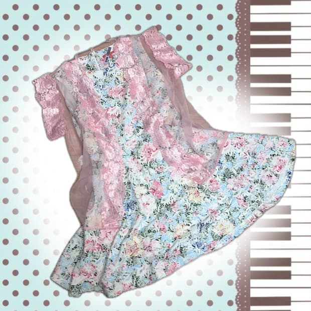 플라워 패턴 민트 원피스+핑크 레이스 볼레로 히메 갸루 모리걸 y2k